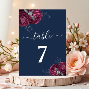 Elegantes Burgunderrot Navy Blaues Blumen-Pfingstr Tischnummer