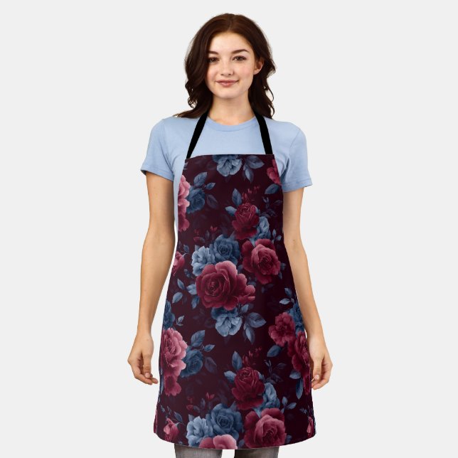 Elegantes Burgunderrot Navy Blumenmuster Schürze (Getragen)