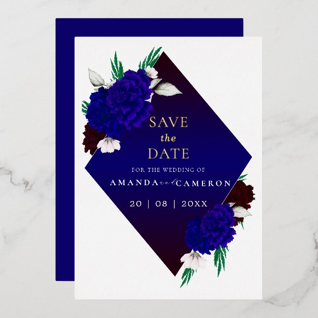 Elegantes Burgunderrot Navyblau "MARIGOLD" Hochzei Folieneinladung (Vorderseite/Rückseite)