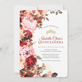 Elegantes burgunderrotes Blumen- Gold- Quinceanera Einladung
