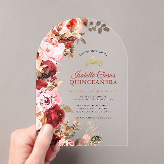 Elegantes burgunderrotes Blumen- Quinceanera mit G Acryleinladungen