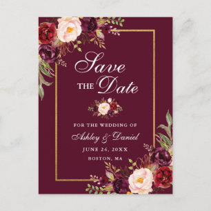 Elegantes burgunderrotes Blumen-Save-the-Date Gold Ankündigungspostkarte