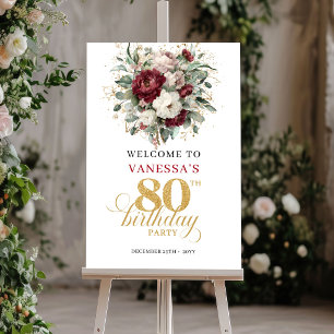 Elegantes burgunderrotes Blumenschild zum 80. Gebu Poster