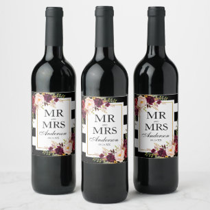 Elegantes burgunderrotes Florales Schwarz-Weiß-Ges Weinetikett