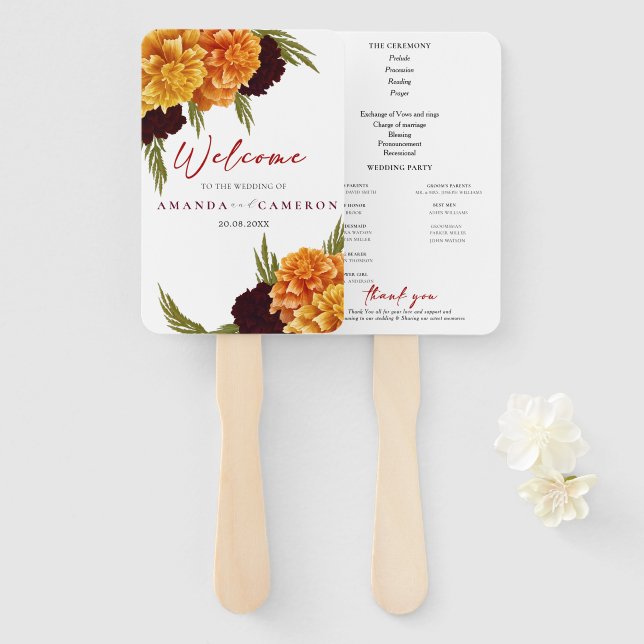 Elegantes burgunderrotes Hochzeitsprogramm "MARIGO Fächer (Vorne und Hinten)
