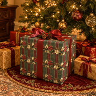 Elegantes burgunderrotes Karo- und Weihnachtsstern Geschenkpapier