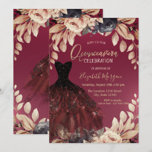 Elegantes burgunderrotes Kleid Floral Quinceañera Einladung