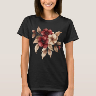Elegantes burgunderrotes und cremefarbenes Floral T-Shirt