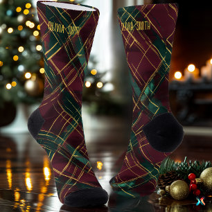 Elegantes burgunderrotes und grünes Weihnachtskaro Socken