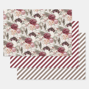 Elegantes burgunderrotes Wein-Cream-Blumenmuster m Geschenkpapier Set