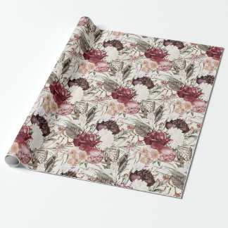 Elegantes burgunderrotes Wein-Crem-Blumen-Grün Geschenkpapier