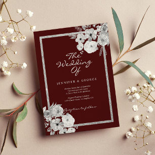 Elegantes burgunderweiß silber glitzerndes florale einladung