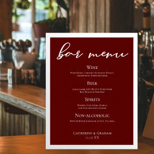Elegantes Burgundy Abend Wedding Bar Menu Poster