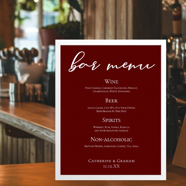 Elegantes Burgundy Abend Wedding Bar Menu Poster (Von Creator hochgeladen)