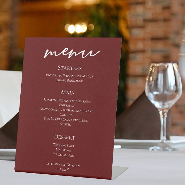 Elegantes Burgundy Abend Wedding Dinner Menü Sockelschild (Von Creator hochgeladen)