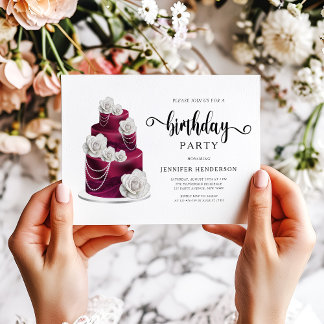 Elegantes Burgundy Birthday Cake Party Einladung