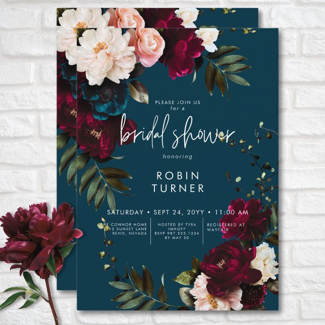 Elegantes Burgundy & Blue Floral Brautparty Einladung (Elegant Burgundy & Blue Floral Bridal Shower Invitation)