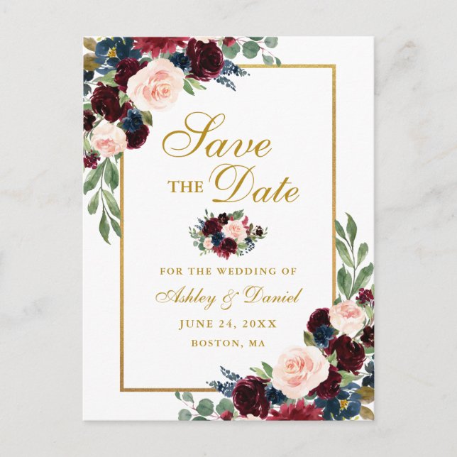 Elegantes Burgundy Blue Floral Gold Save the Date Ankündigungspostkarte (Vorderseite)