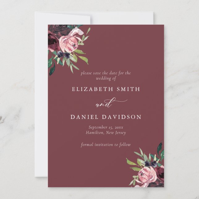 Elegantes Burgundy Blush Foto Hochzeit Save The Date (Rückseite)