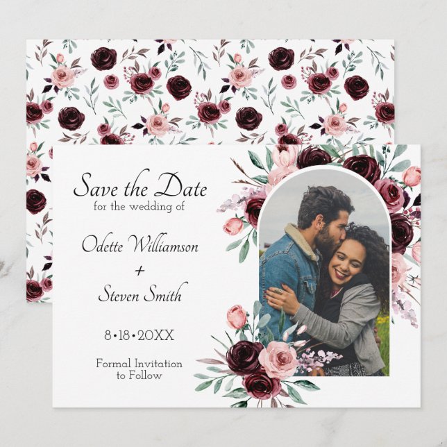 Elegantes Burgundy Blush Watercolor Foto Hochzeit Save The Date (Vorne/Hinten)