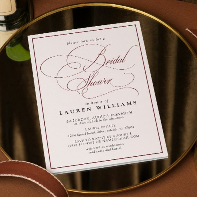 Elegantes Burgundy Calligraphy Formal Brautparty Einladung (Bridal Shower Invitation!)