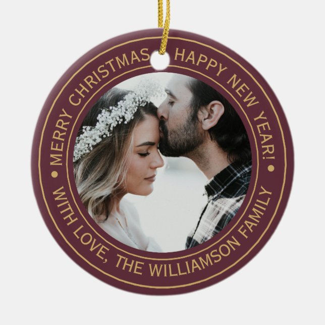 Elegantes Burgundy Christmas Monogram Foto Keramik Ornament (Vorne)