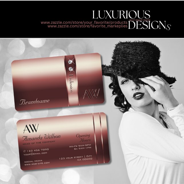 Elegantes Burgundy Dekor Schimmery Diamonds Monogr Visitenkarte (Von Creator hochgeladen)