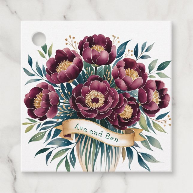 Elegantes Burgundy & Emerald Peony mit Goldakzent Geschenkanhänger (Vorderseite)