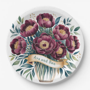 Elegantes Burgundy & Emerald Peony mit Goldakzent Pappteller