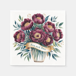 Elegantes Burgundy & Emerald Peony mit Goldakzent Serviette