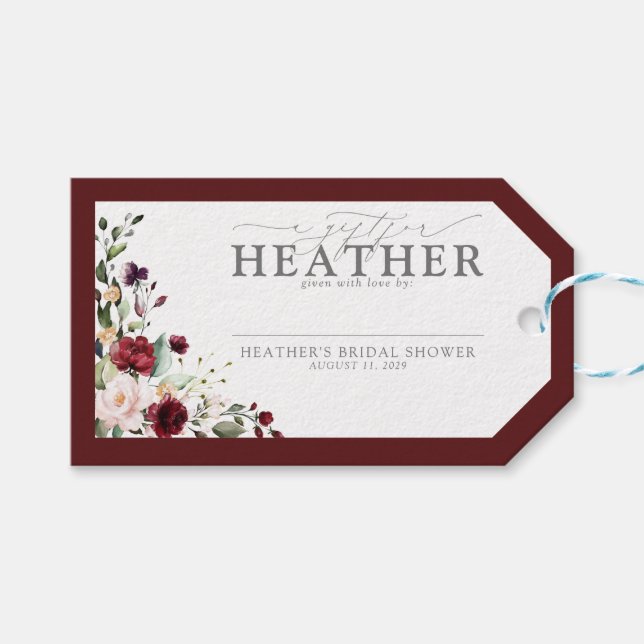 Elegantes Burgundy Floral Brautparty No Wrap Geschenkanhänger (Vorderseite (Horizontal))