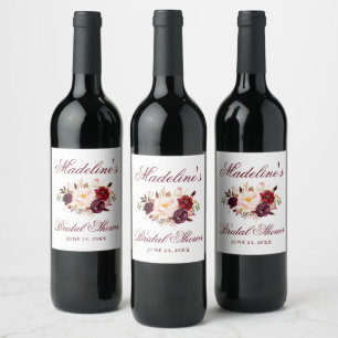Elegantes Burgundy Floral Brautparty Weinetikett