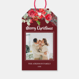 Elegantes Burgundy Floral Foto Weihnachten Geschenkanhänger