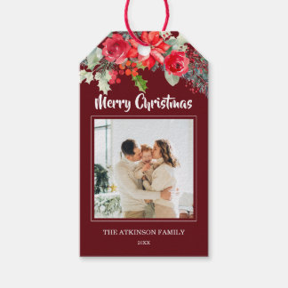 Elegantes Burgundy Floral Foto Weihnachten Geschenkanhänger