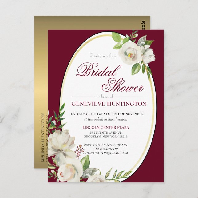 Elegantes Burgundy Floral Gold Brautparty Postkarte (Vorne/Hinten)