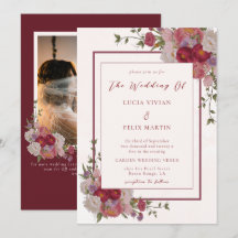 Elegantes Burgundy Floral QR Code Foto Hochzeit