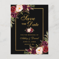 Elegantes Burgundy Floral Save the Date Black Gold