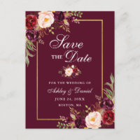Elegantes Burgundy Floral Save the Date Gold