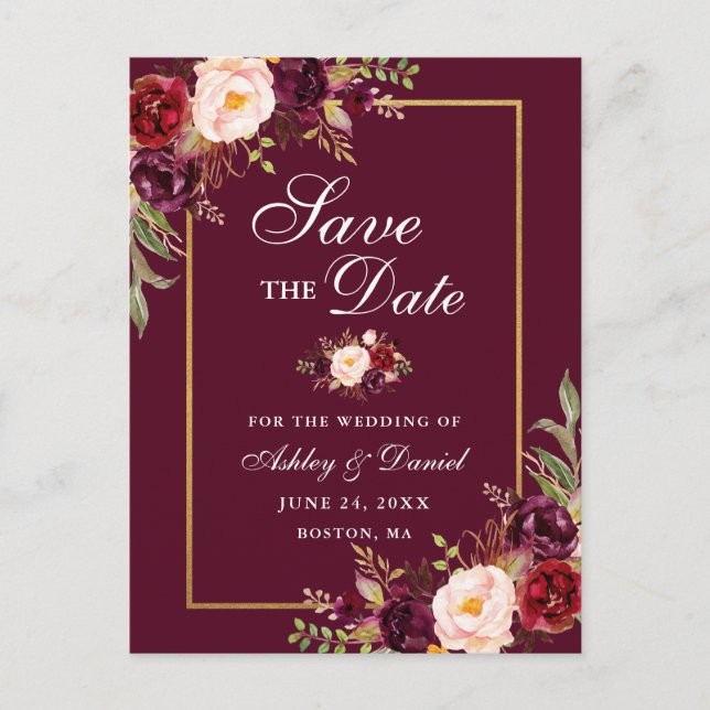 Elegantes Burgundy Floral Save the Date Gold Ankündigungspostkarte (Vorderseite)