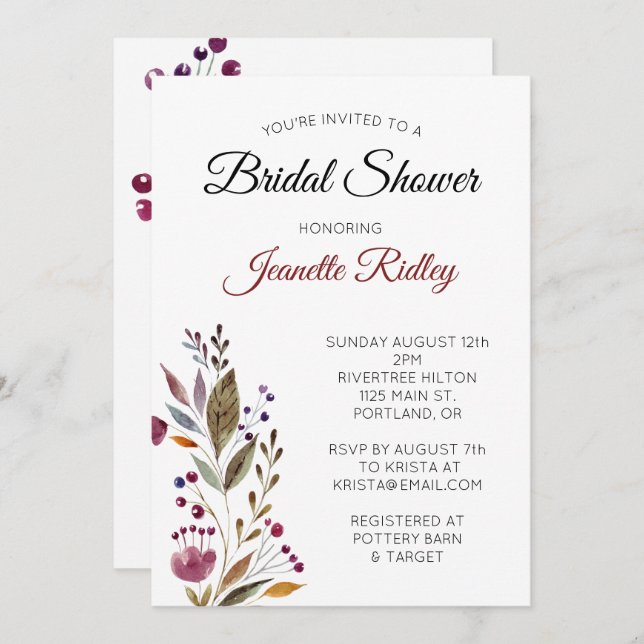 Elegantes Burgundy Floral Watercolor Brautparty Einladung (Vorne/Hinten)