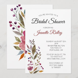 Elegantes Burgundy Floral Watercolor Brautparty Einladung