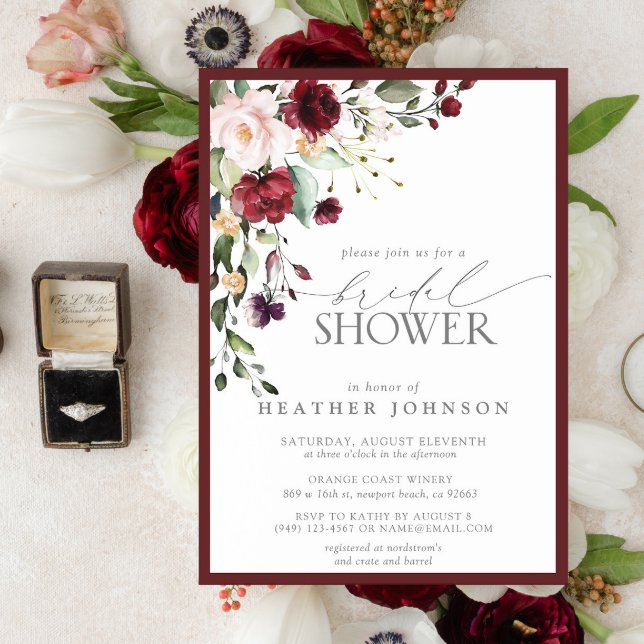 Elegantes Burgundy Floral Watercolor Brautparty Einladung (Easily personalize this beautiful fall bridal shower invitation for a very special event)