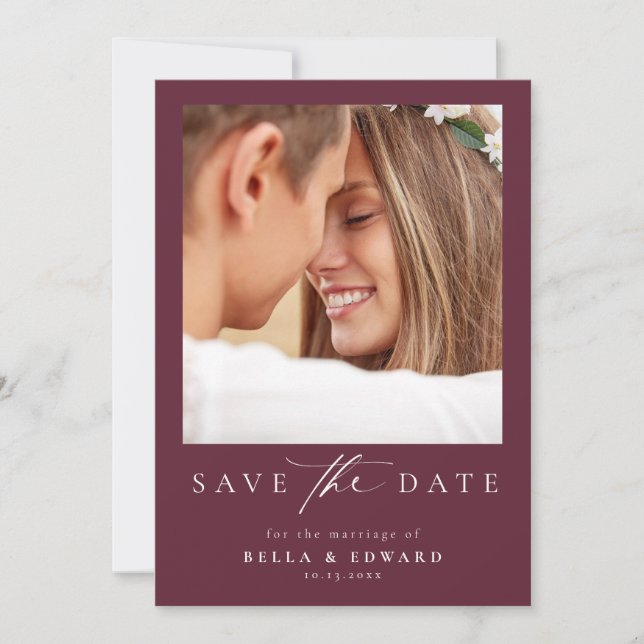 Elegantes Burgundy Foto Hochzeit speichern das Dat Save The Date (Vorderseite)