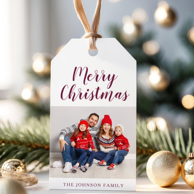 Elegantes Burgundy Foto Weihnachten Geschenkanhänger (Elegant Burgundy Photo Christmas Gift Tags)