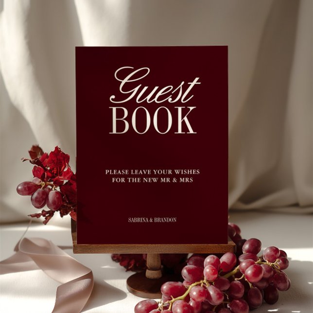 Elegantes Burgundy Gästebuch Wedding Tabletop Schi (Elegant Burgundy Guest Book Wedding Tabletop Sign)