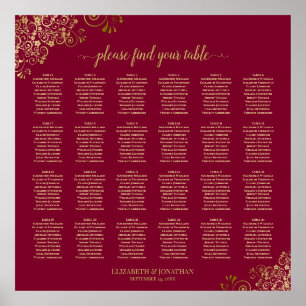 Elegantes Burgundy & Gold 24 Table Seating Chart Poster