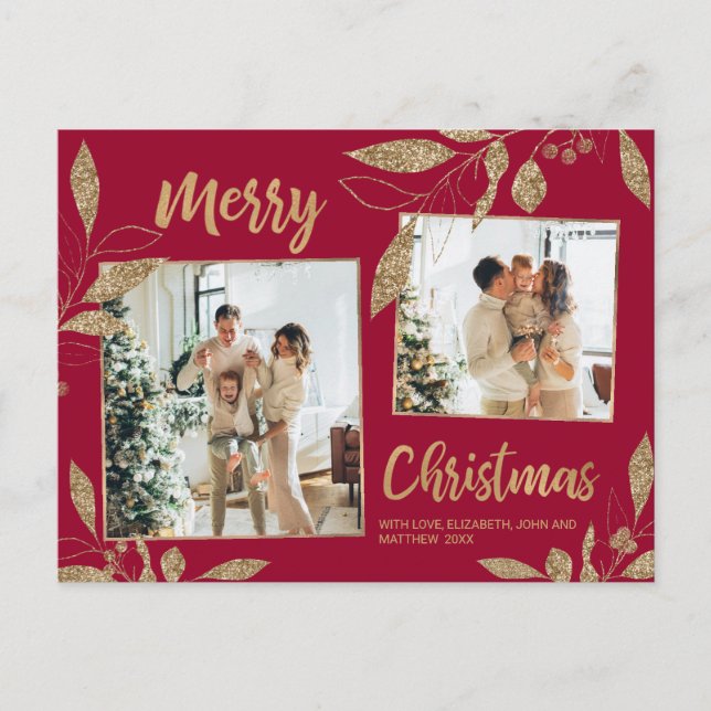 Elegantes Burgundy Gold Botanisches 2 Foto Weihnac Postkarte (Vorderseite)