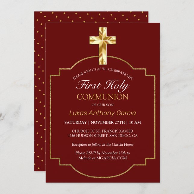 Elegantes Burgundy Gold Cross Erste Kommune Einladung (Vorne/Hinten)