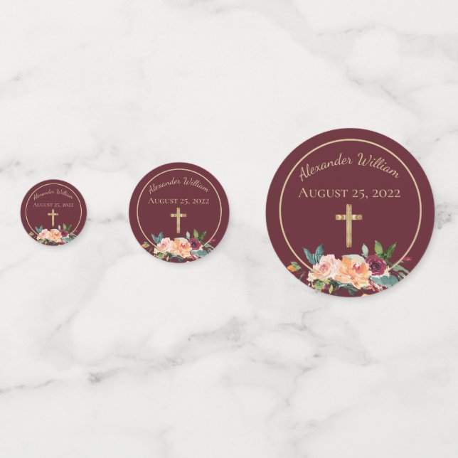 Elegantes Burgundy Gold Floral Baby Christening Konfetti (Vorderseiten)