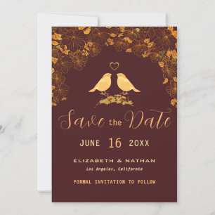 Elegantes Burgundy & Gold Floral Birds Custom Foto Save The Date